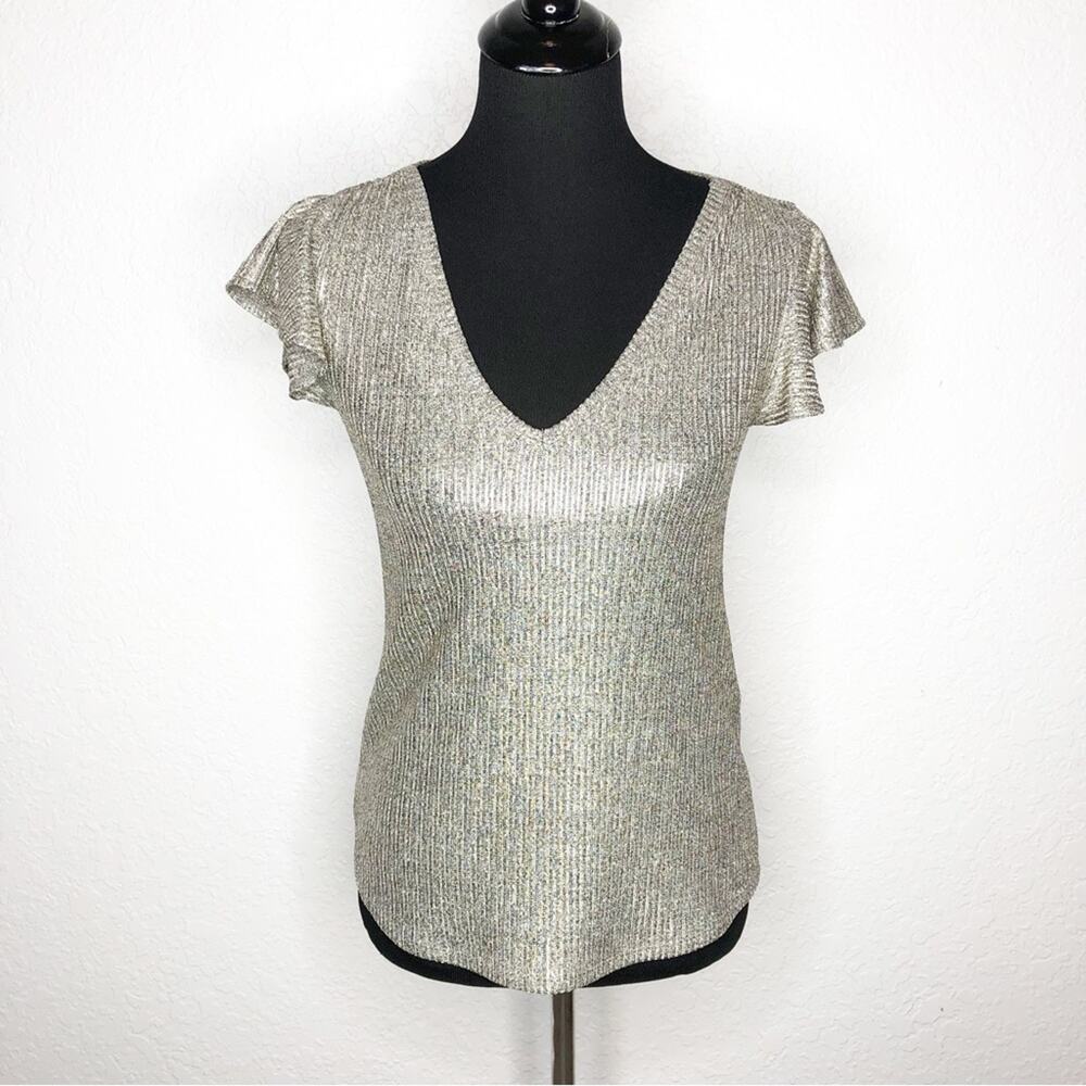 WHBM silver metallic flutter sleeve v‎ neck top size Extra Extra Small XXS